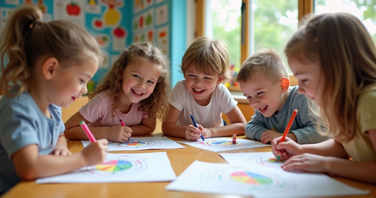 Sala de aula com crianças desenhando gráficos de frutas em cartolina