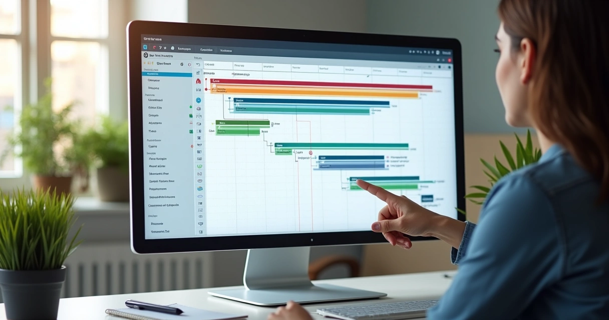 Gráfico de Gantt horizontal em tela grande, tarefas com cores variadas e linhas de conexão entre etapas. 