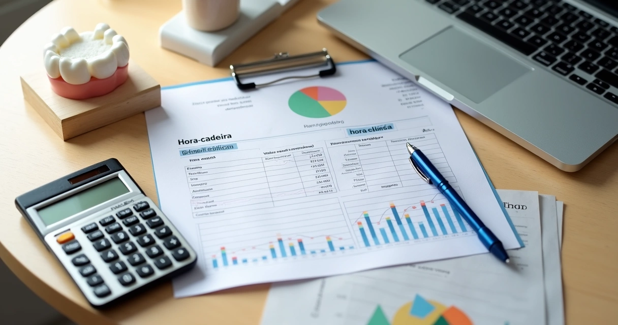 Vista superior de calculadora e gráficos de hora-cadeira em consultório odontológico 