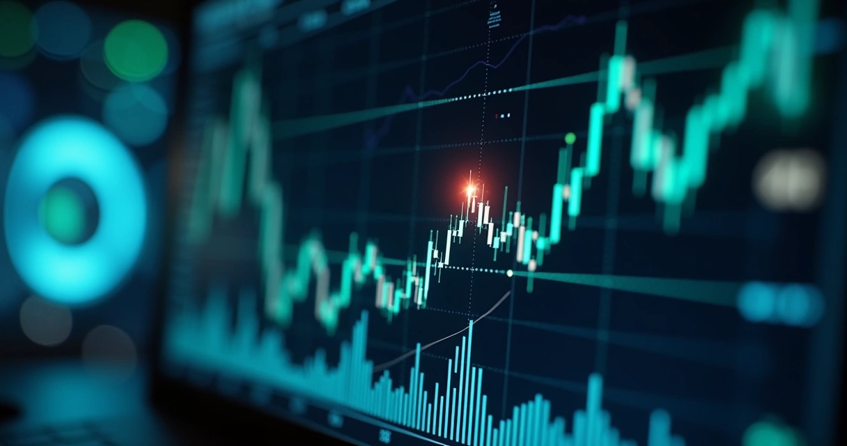 Gráfico financeiro com indicador Momentum destacando pontos de entrada e saída 