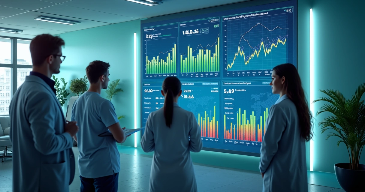 Gráfico de indicadores financeiros de clínica médica projetado em tela grande 