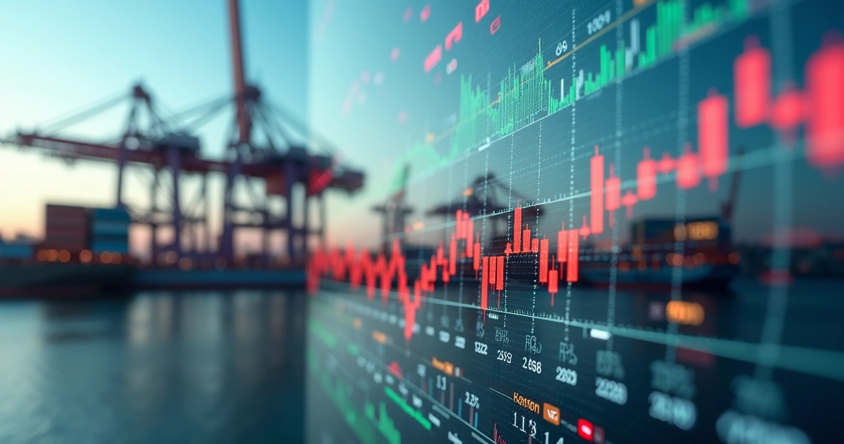 Gráfico financeiro detalhado mostrando indicadores econômicos com bandeiras de países e elementos de comércio global 