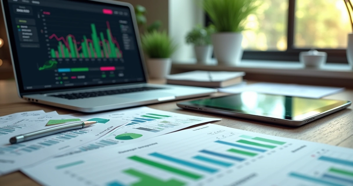Gráfico colorido de barras e linhas comparando métricas financeiras 