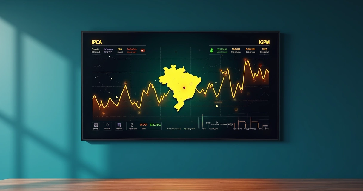 Dashboard financeiro mostrando gráficos de IPCA e IGPM no mapa do Brasil 