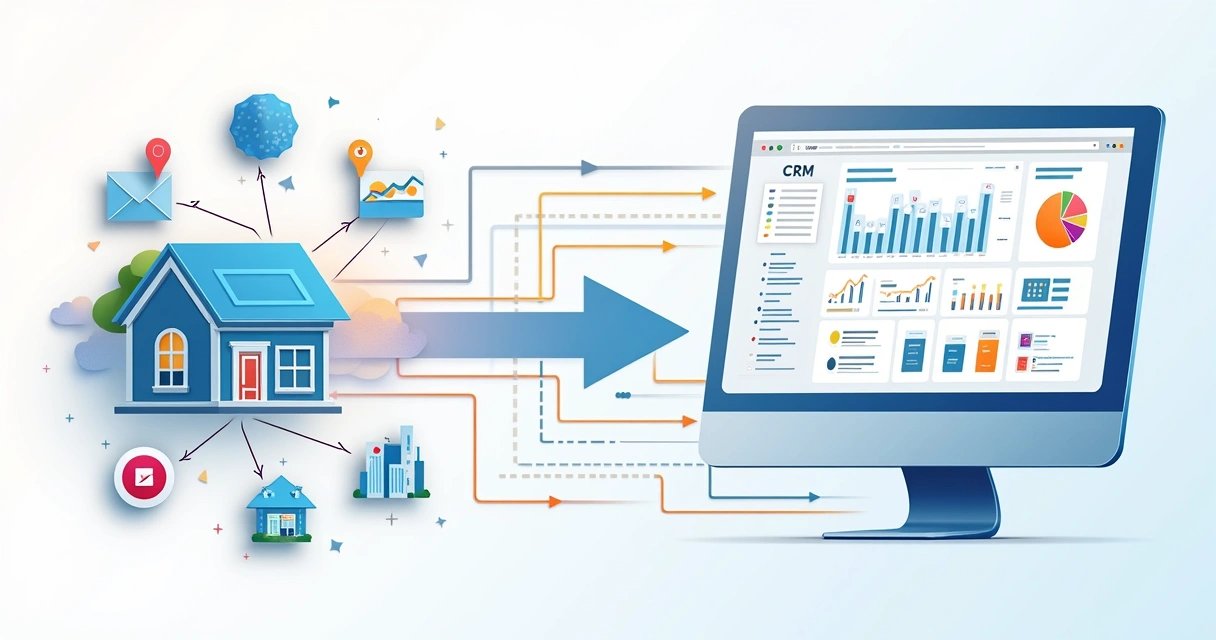 Gráfico colorido mostrando integração de dados imobiliários entre portais e CRM 