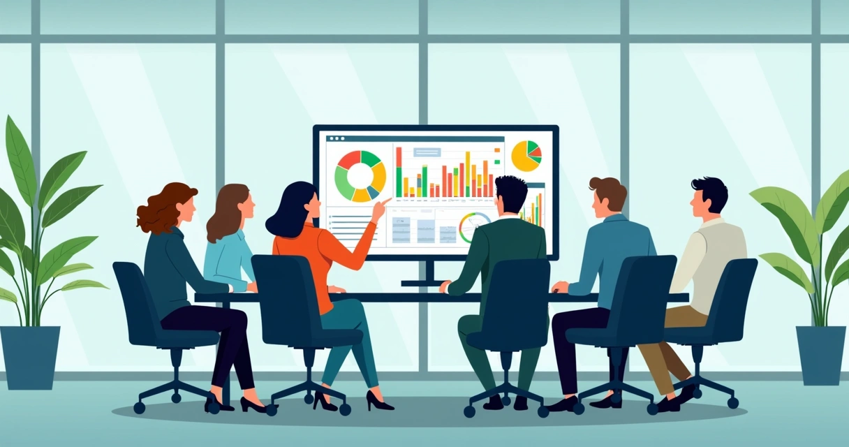Equipe corporativa reunida analisando gráficos interativos em tela
