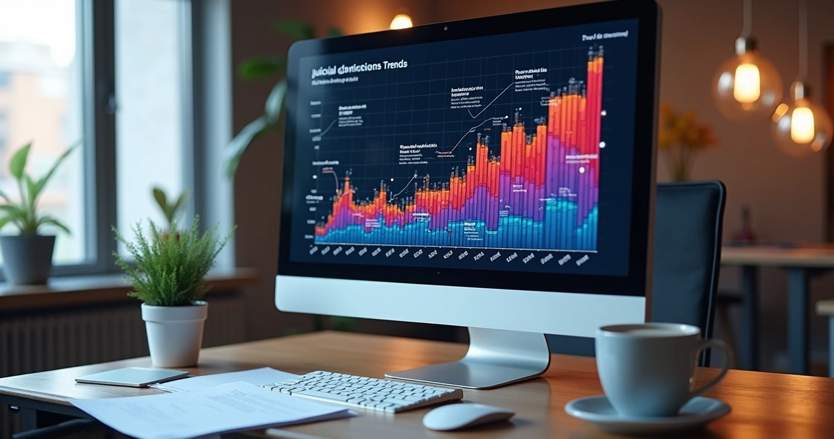 Gráfico de tendências jurídicas exibido em tela de computador em escritório moderno 