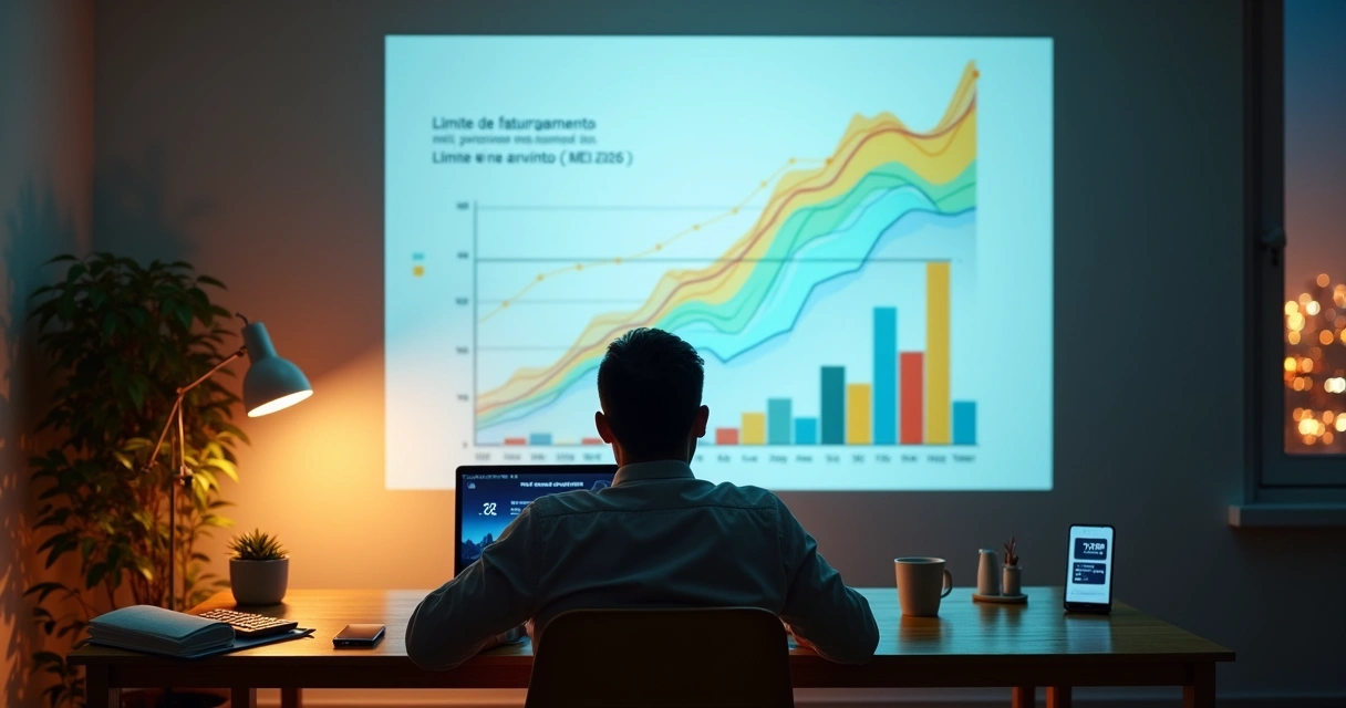 Empreendedor analisando limite de faturamento MEI em gráfico projetado na parede 