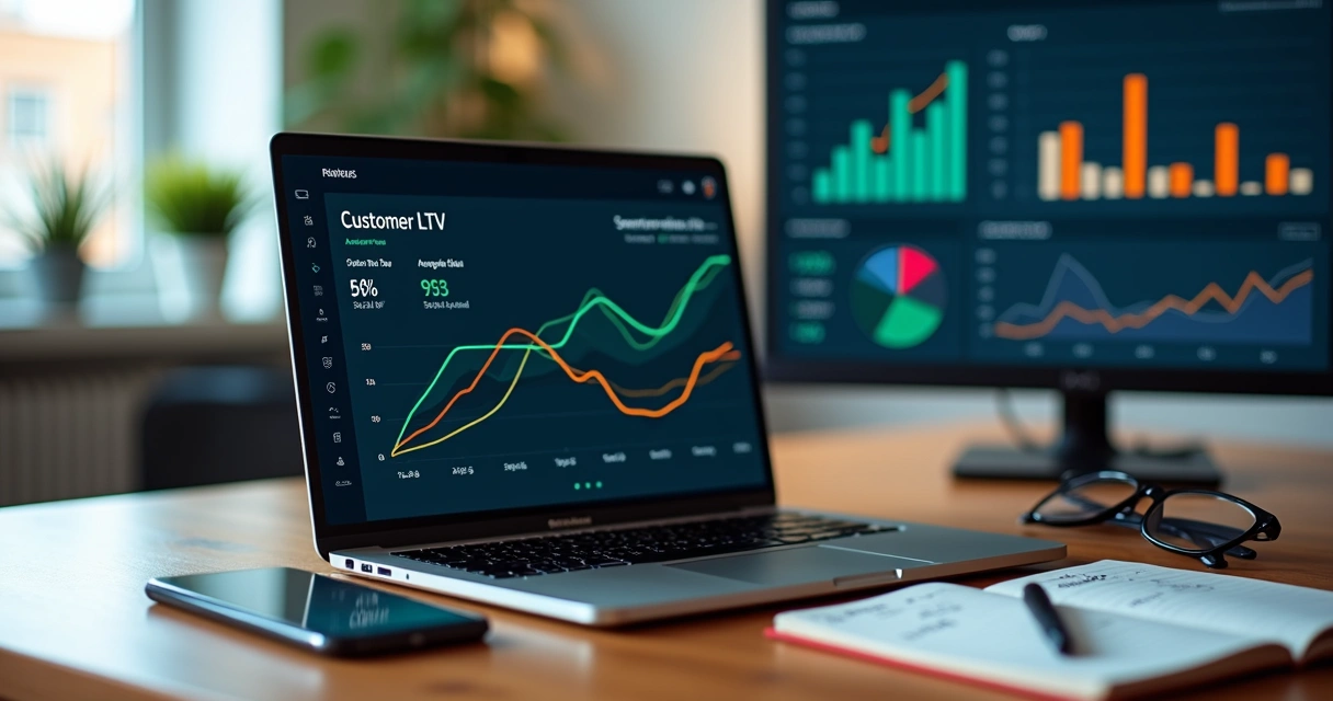 Tela de notebook com gráfico de LTV crescente em serviços digitais 