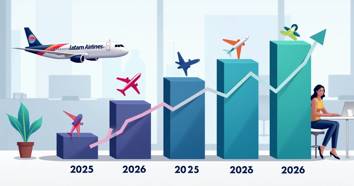 Gráfico de barras mostrando o crescimento do lucro da Latam Airlines em 2026 ao lado de indicadores financeiros 