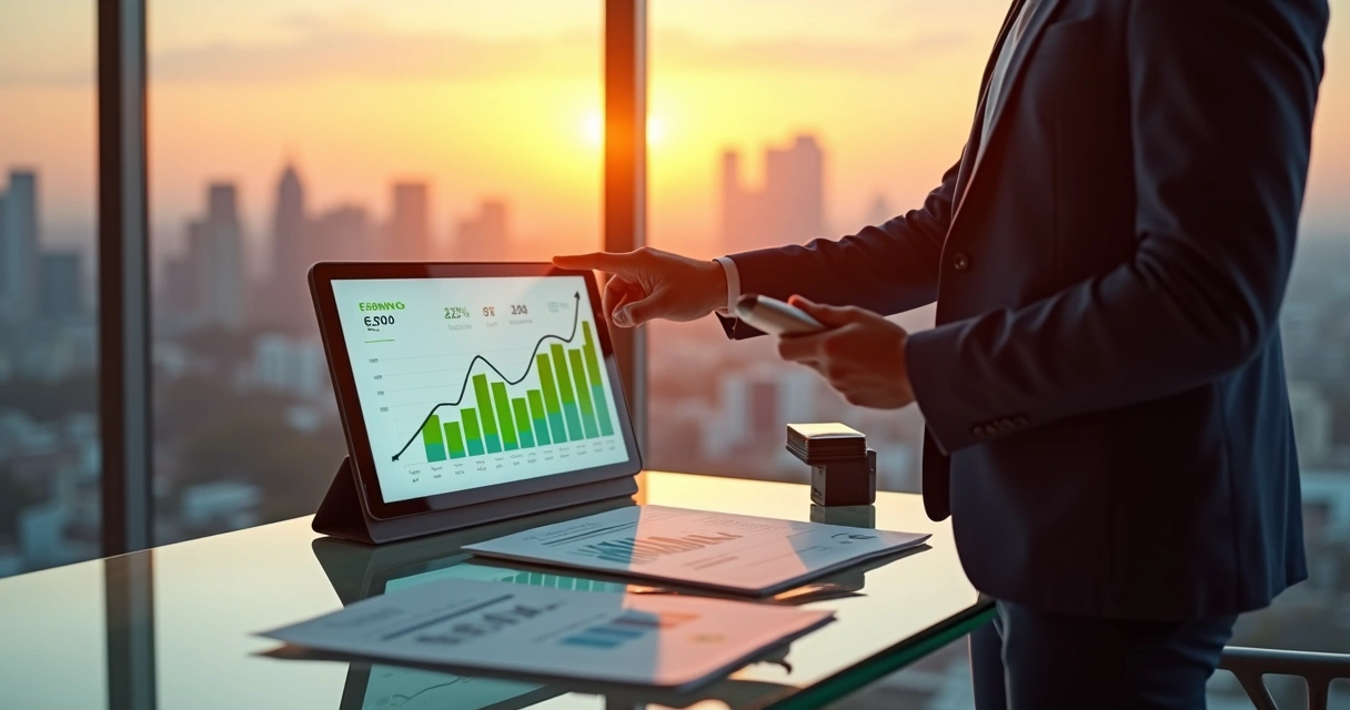 Corretor analisando gráfico de lucros da revenda de maquininhas em tablet 