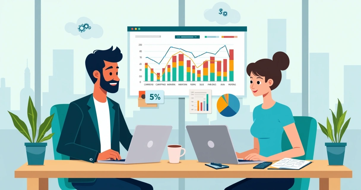 Donos de PME analisando gráfico de margem de lucro na tela do notebook 