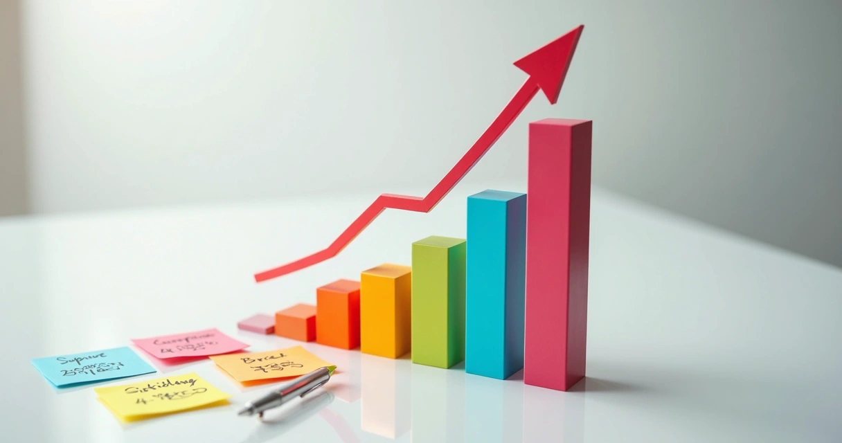 Gráfico de barras mostrando crescimento em marketing de afiliados, com setas ascendentes e notas adesivas ao redor. 