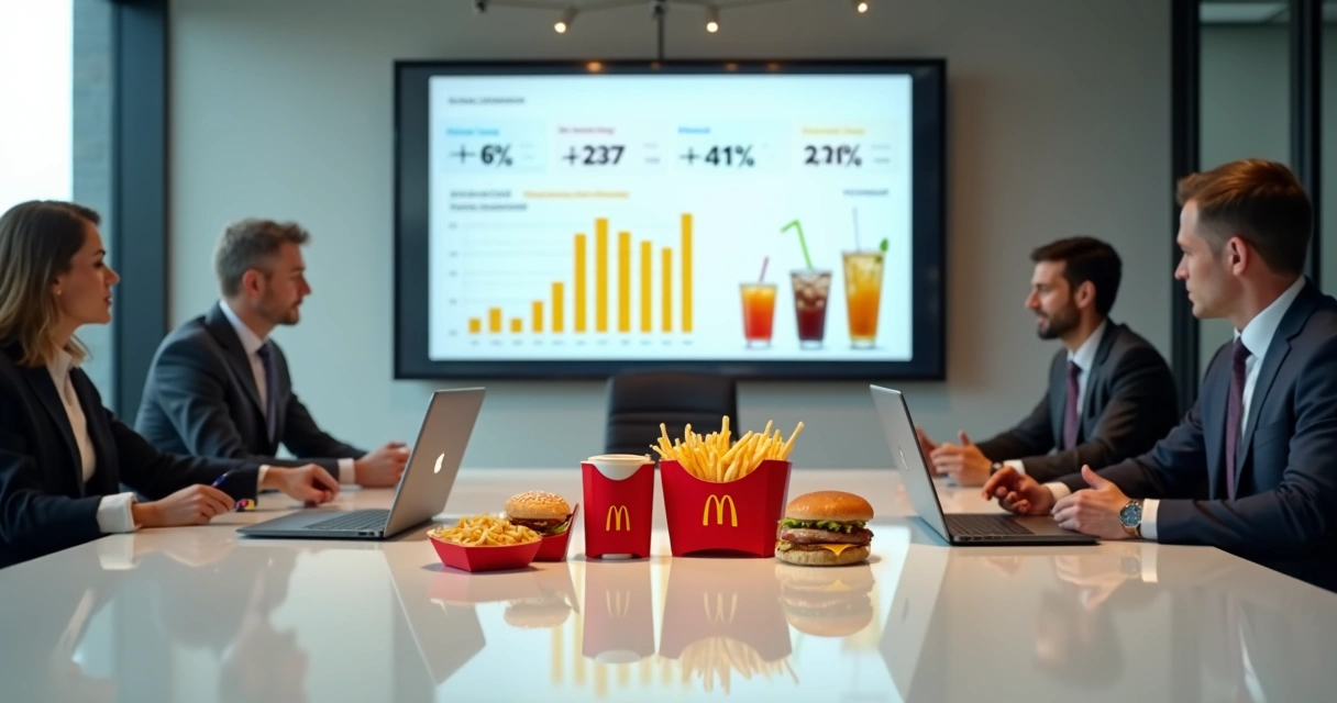 Gráfico de crescimento do McDonald’s ao lado de itens de menu em ambiente corporativo 