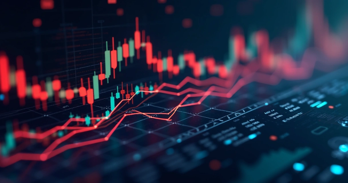 Gráfico complexo de mercado financeiro com linhas de tendência divergentes em fundo escuro 
