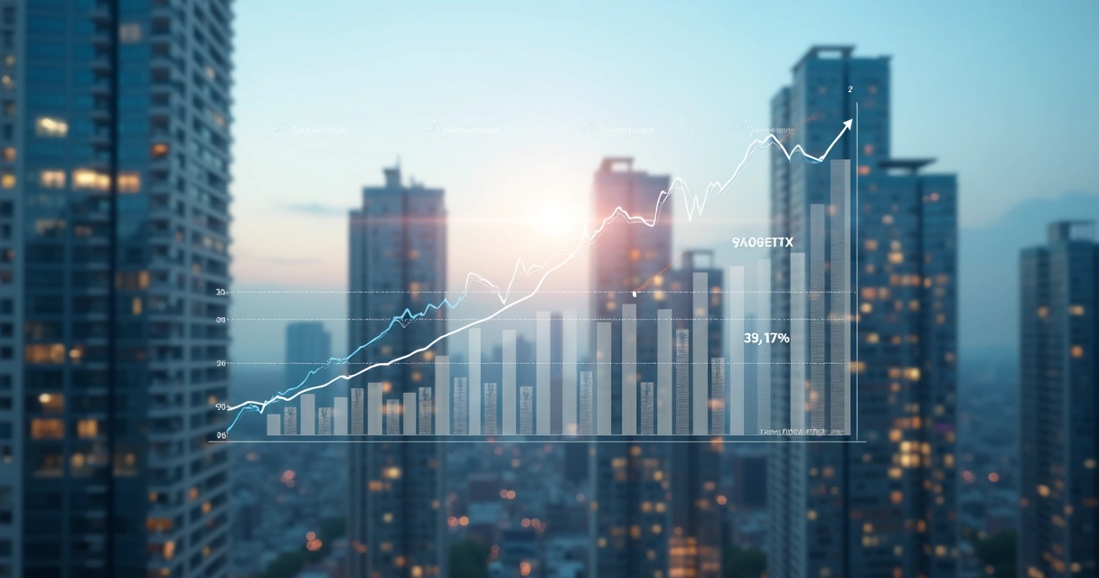Gráfico financeiro ao lado de prédios residenciais