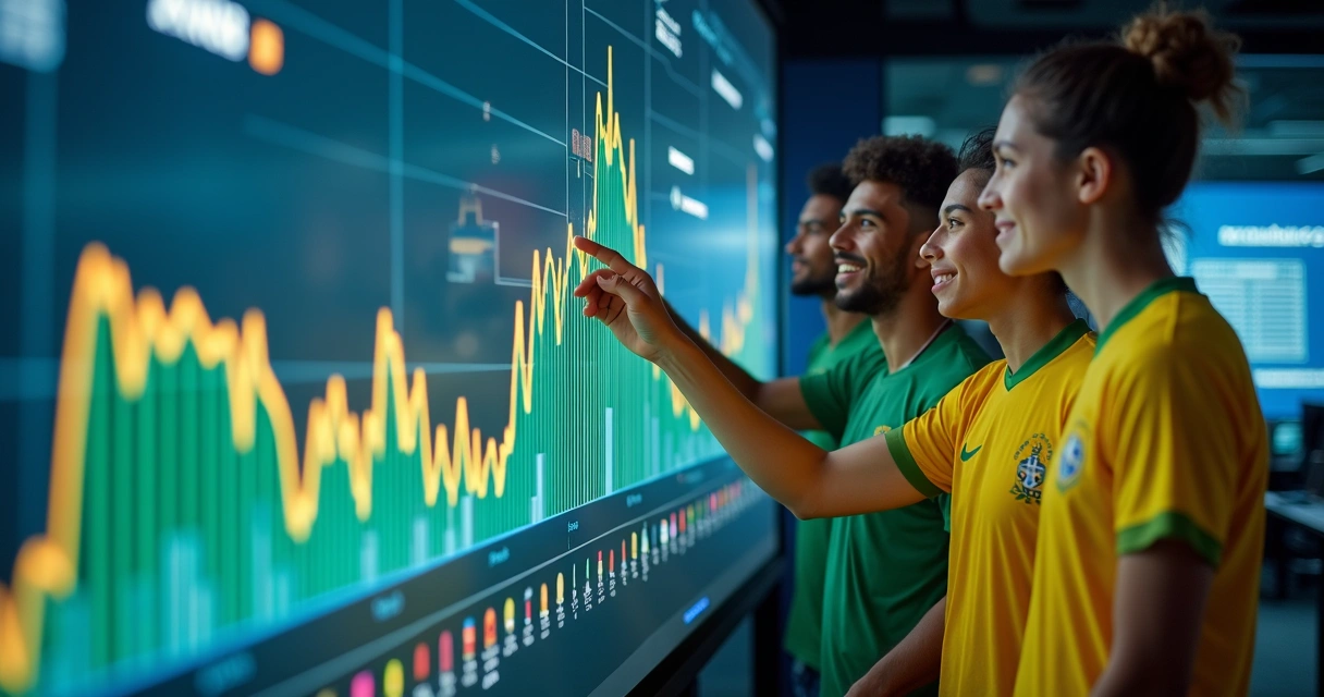 Gráfico de linha sobre futebol com pessoas analisando em tela digital.