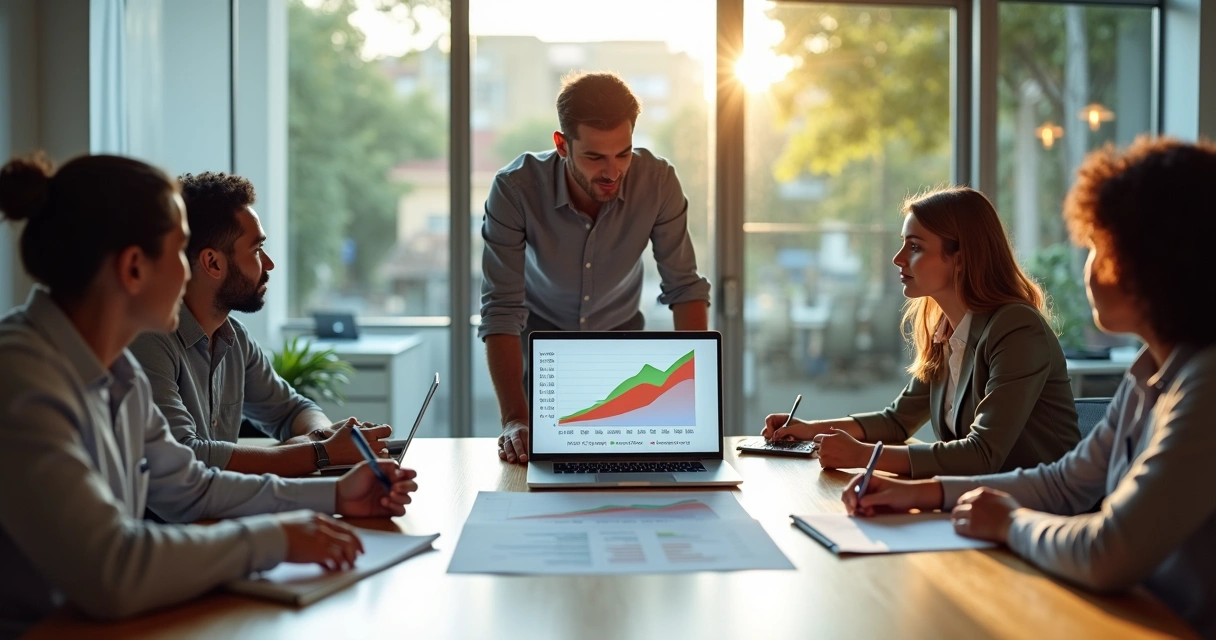 Gestor de pequena empresa mostra dois gráficos de meta de crescimento para time reunido 