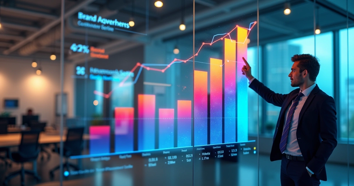 Gráfico colorido mostrando evolução de métricas de branding corporativo 