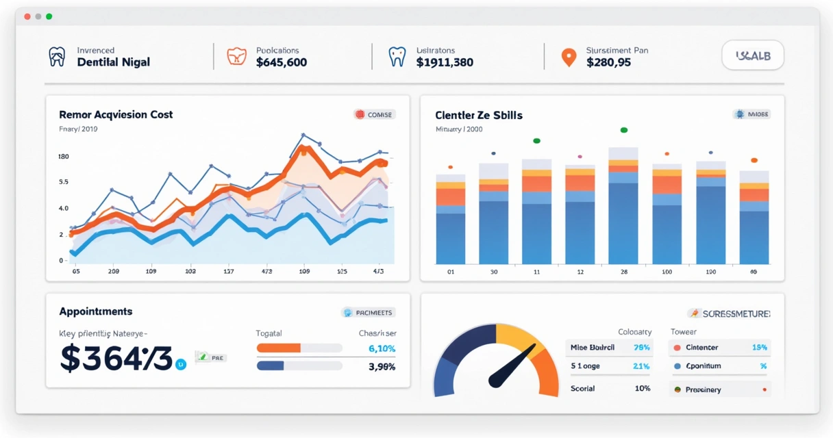 Gráfico colorido apresentando a evolução mensal das métricas de uma clínica odontológica, com linhas e barras, contraste de cores fortes, fundo branco, layout limpo e ordenado. 