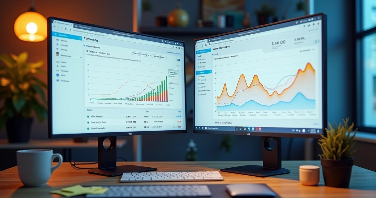 Gráficos e painéis de métricas de ecommerce em monitores modernos