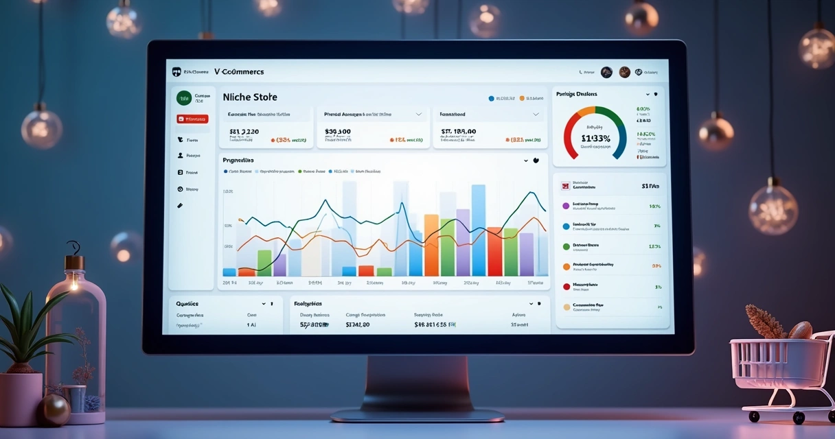 Gráfico colorido mostrando métricas como conversão, recompra e ticket médio em uma loja virtual 