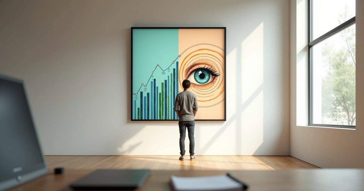 Pessoa observando um quadro com gráfico de performance e um olho interno desenhados lado a lado 
