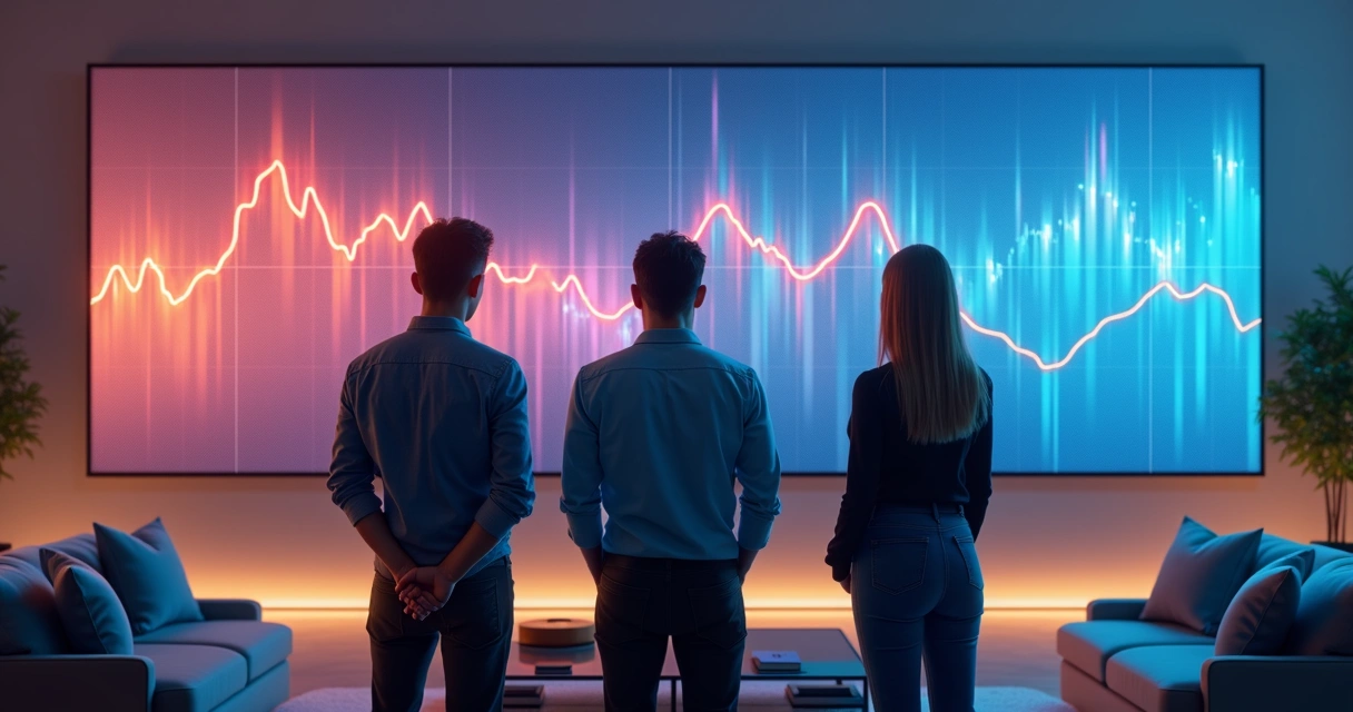Pessoas analisando gráfico multicolorido em tela grande