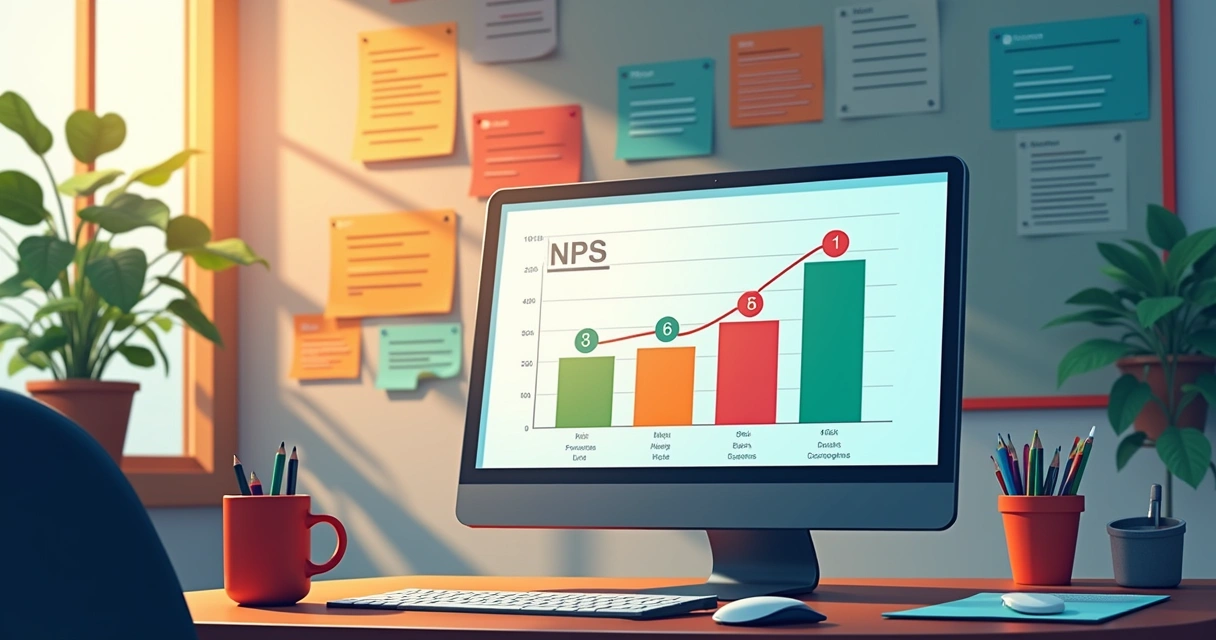 Gráfico NPS em um computador com notas de promotores e detratores em escritório acolhedor.