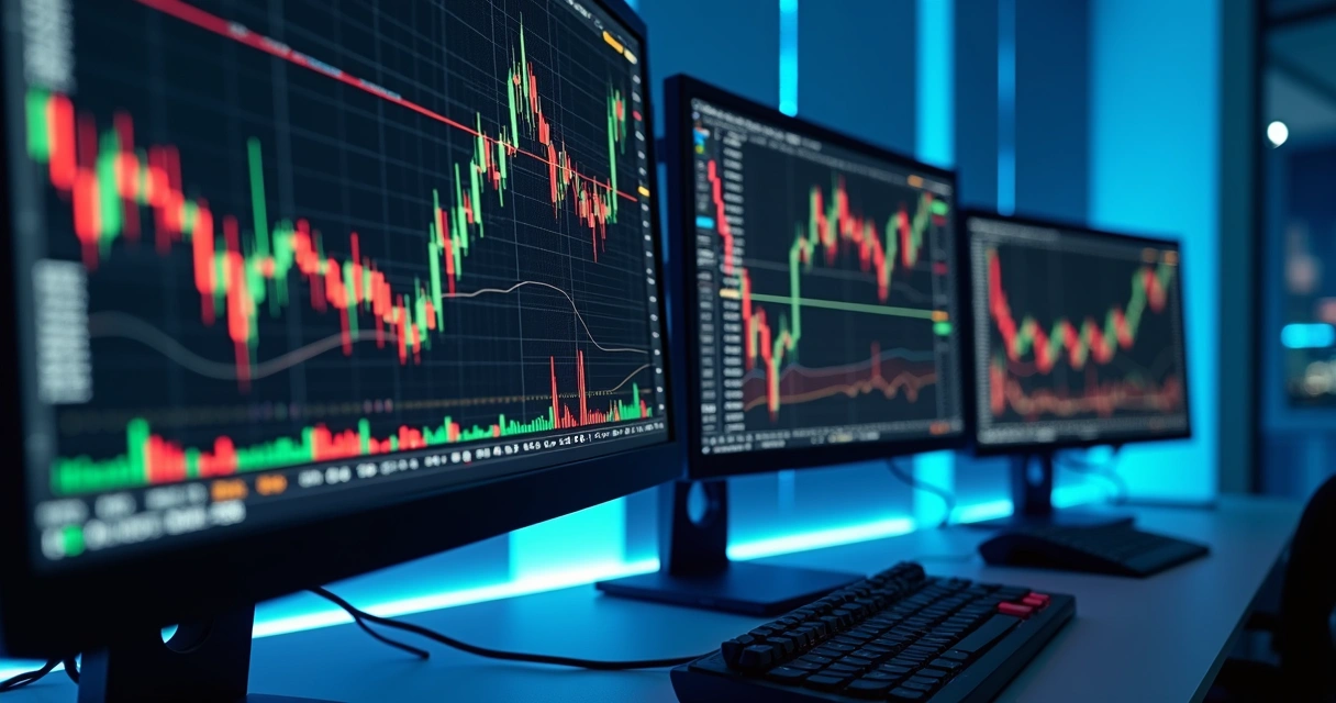Tela de computador exibindo gráfico financeiro com cotações e indicadores de opções binárias em ambiente moderno 