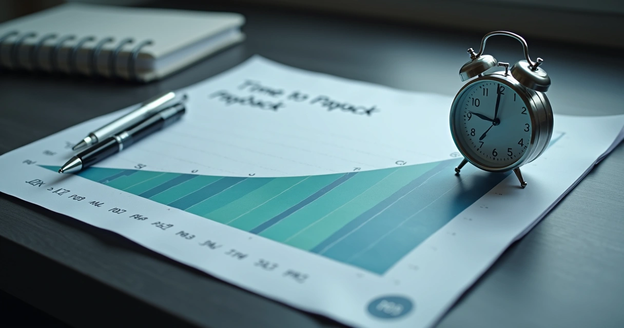 Relógio analógico sobre gráfico financeiro em curva ascendente representando payback de marca própria 