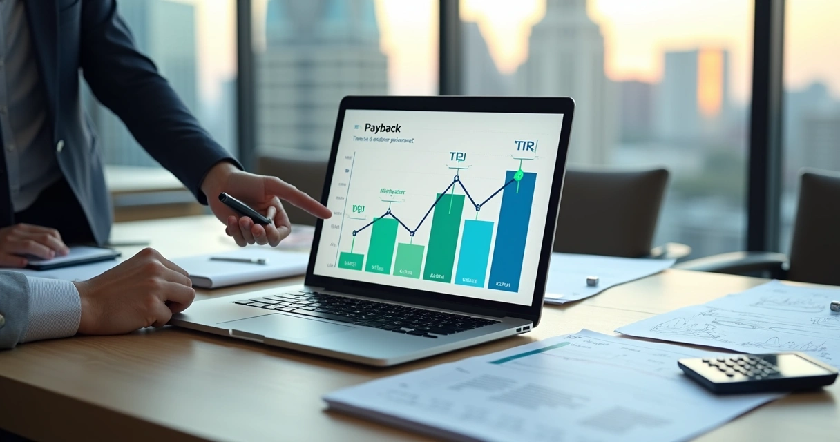 Executivo analisando gráfico de payback ROI e TIR na tela do notebook 