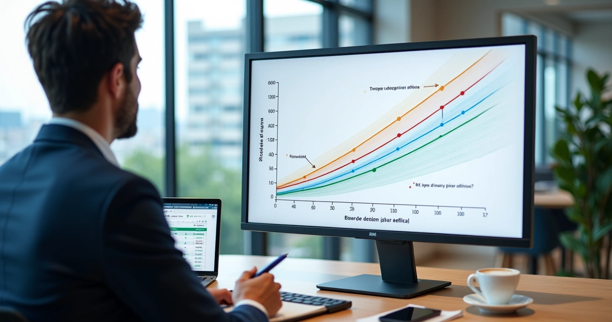 Gestor analisando gráfico de preço ideal no método PSM Van Westendorp em tela grande 