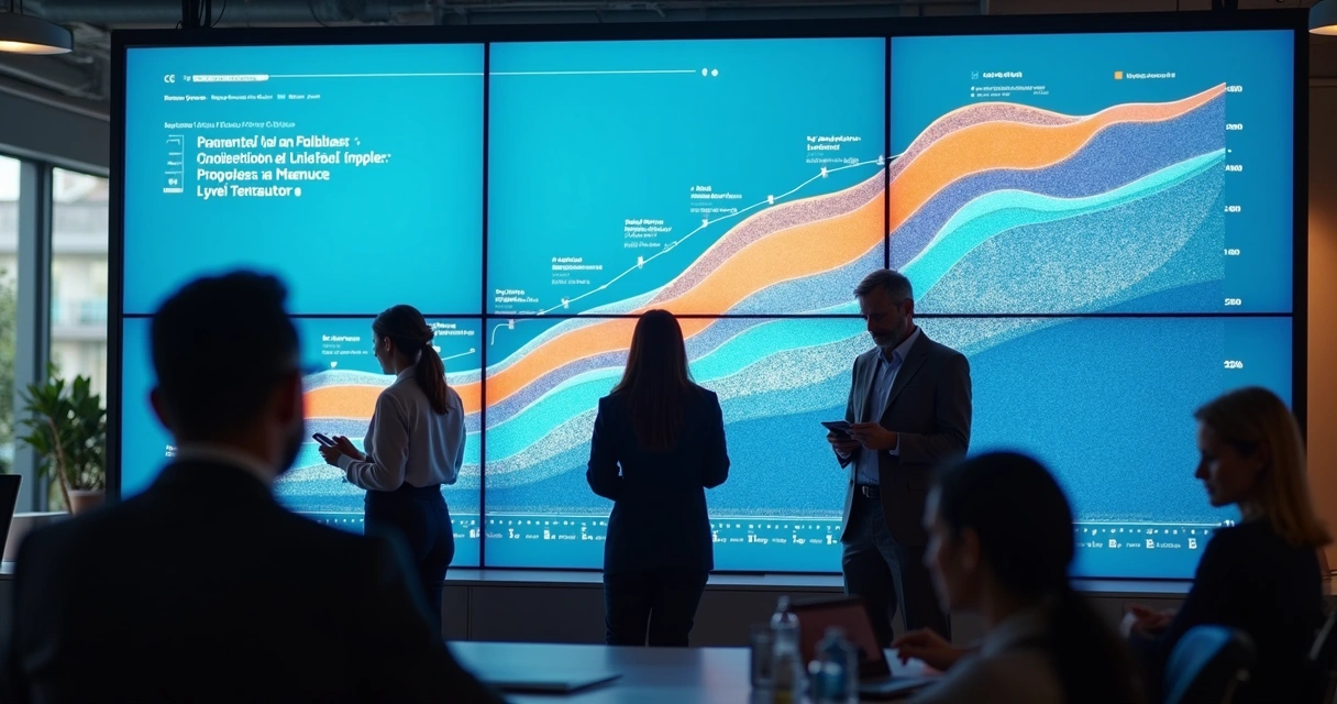 Gráfico colorido mostra evolução de feedback em RH, pessoas analisando dados em tela wide 