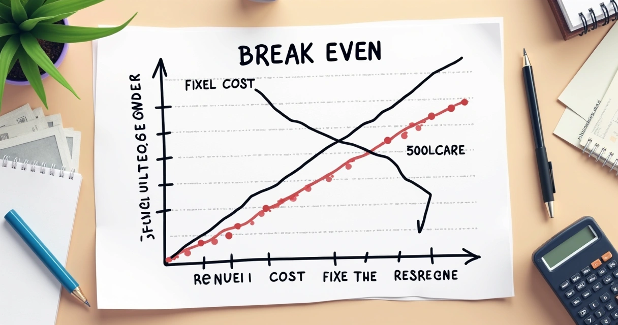 Gráfico mostrando linha de custo fixo, linha de custo total e linha de receita se cruzando no ponto de equilíbrio. 