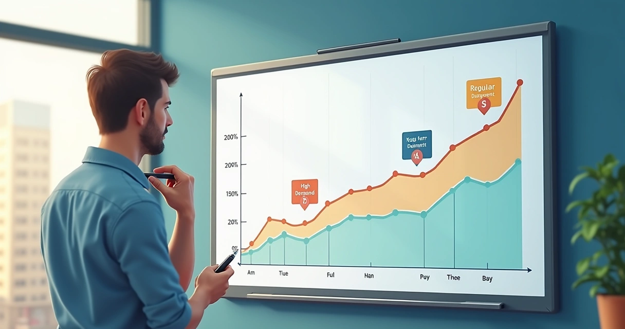 Gráfico de linha mostrando flutuação dos preços das diárias de hotel ao longo de um mês, com eventos marcados 