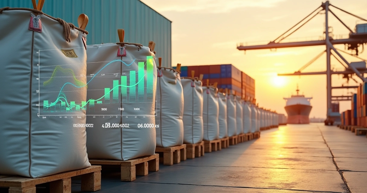 Pilhas de big bags diante de porto com gráfico transparente de preços subindo 