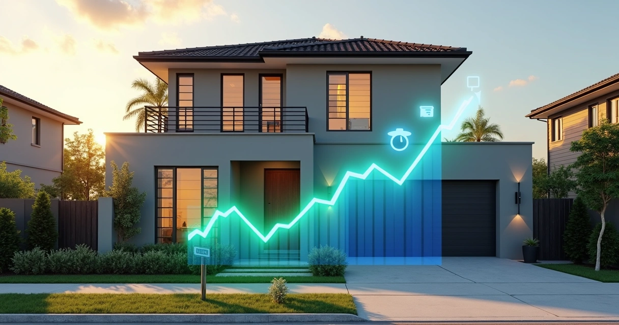 Gráfico de preço flutuando em frente a fachada de casa à venda 