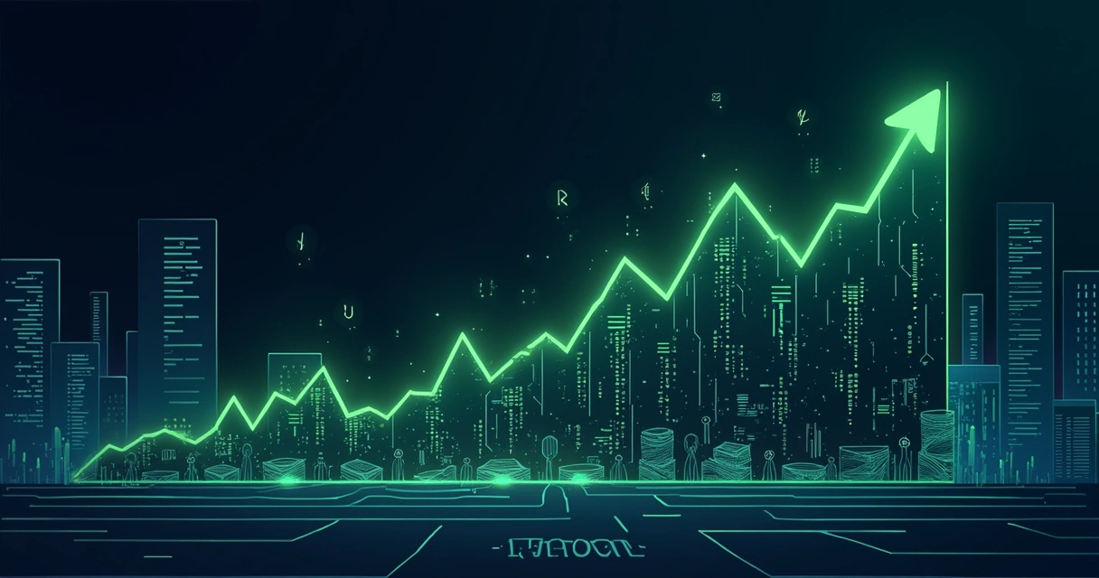 Gráfico de preços de bitcoin com tendências de alta e elementos como baleias e taxas de juros atraentes.