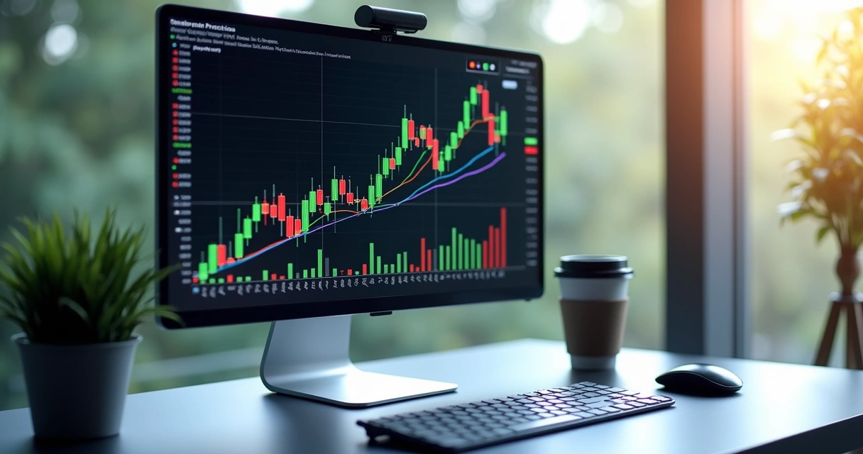 Gráfico de previsão financeira detalhado em tela de computador com indicadores coloridos 