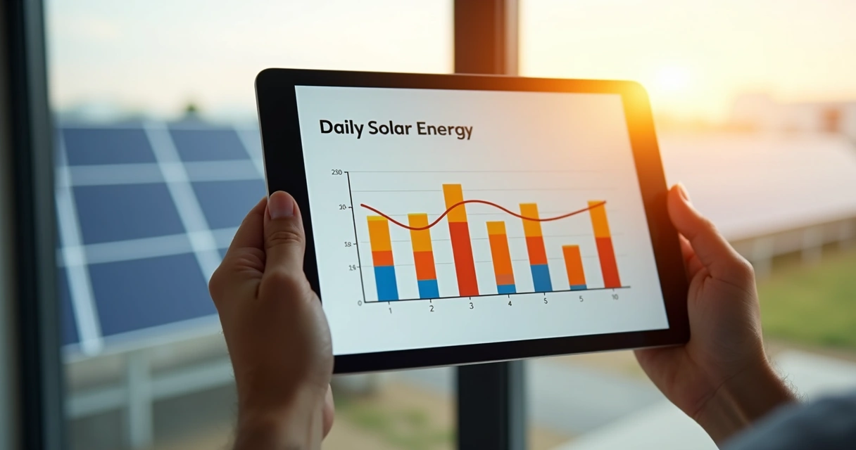 Gráfico de produção solar em tablet com mão humana 