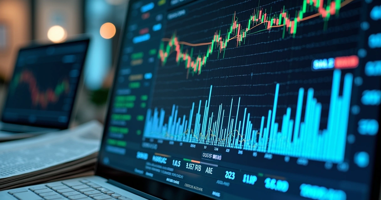 Gráfico detalhado mostrando projeções financeiras de inflação, Selic e PIB com elementos de mercado financeiro ao fundo 