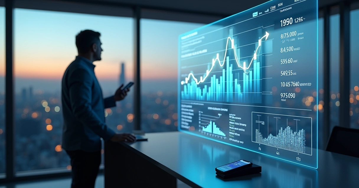 Sócio de negócio analisando projeção de receita recorrente de fintech white label em painel digital 
