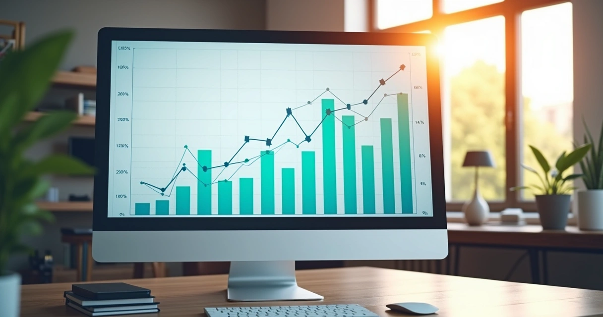Gráfico de receita recorrente mensal em tela de computador de escritório moderno 