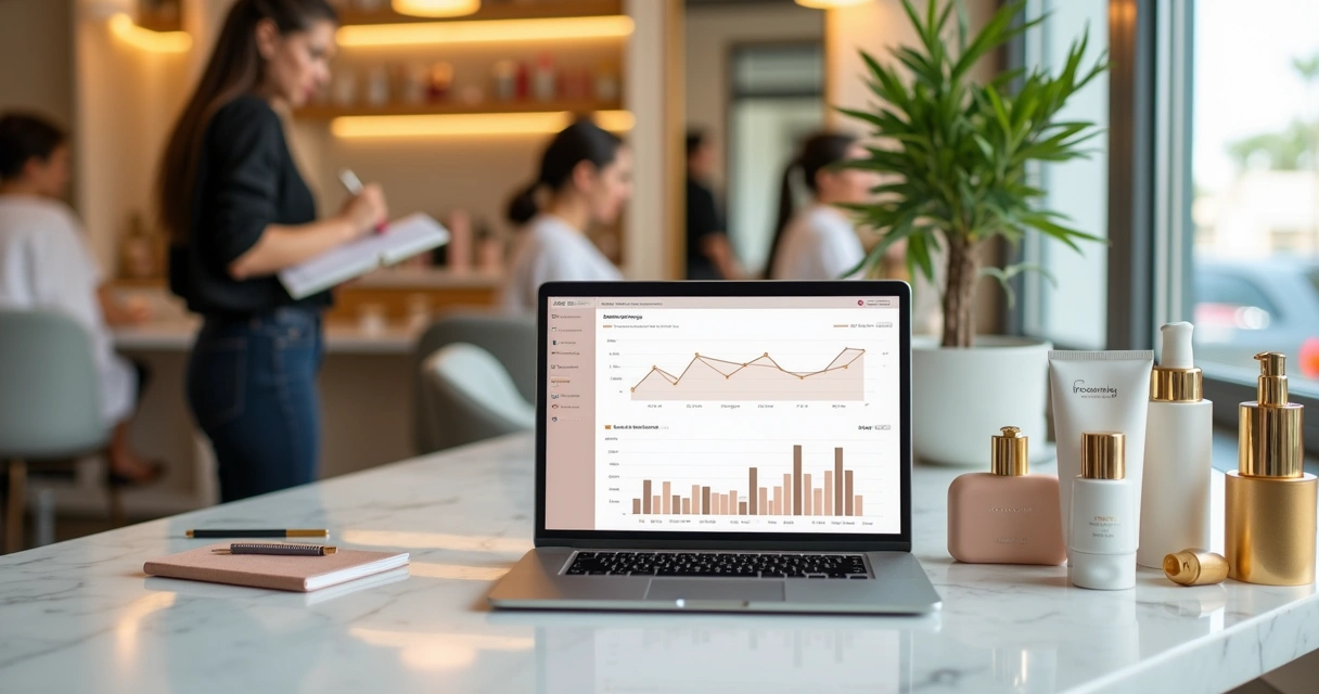 Dona de salão de beleza analisando gráfico de receita recorrente em laptop sobre bancada elegante 