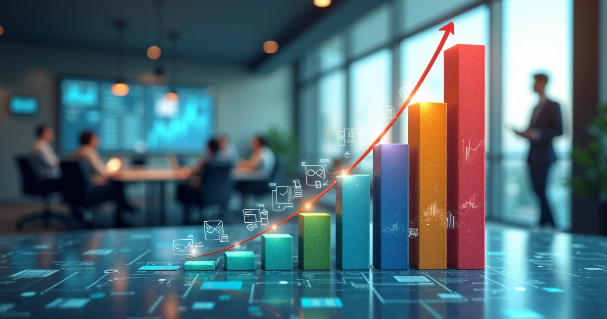 Gráfico detalhado mostrando crescimento e transformação no setor de BPO Financeiro após a reforma tributária, com ícones de impostos e documentos fiscais ao fundo 
