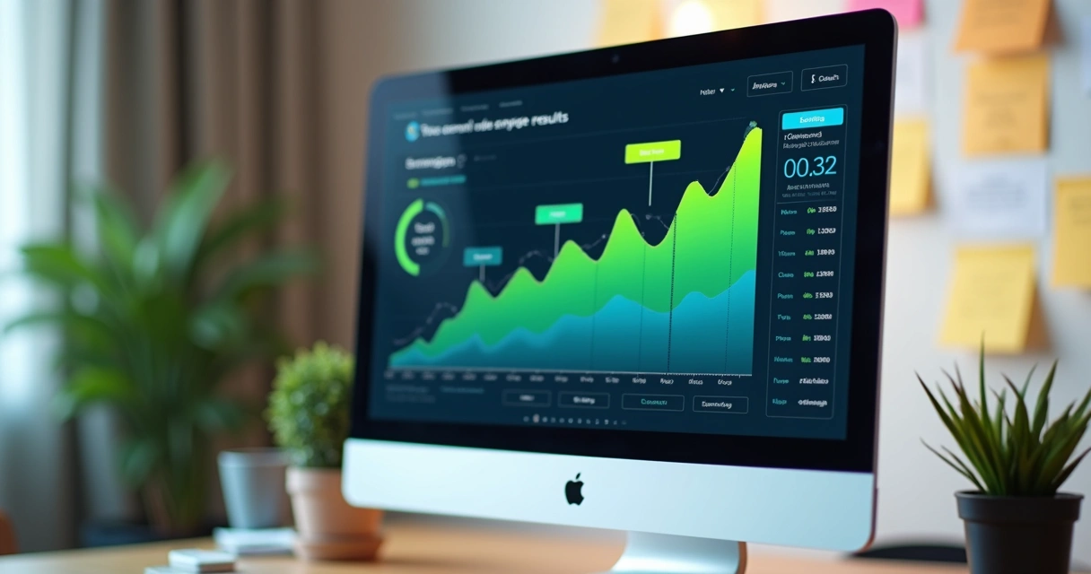 Gráfico subindo em tela de computador mostrando sucesso de campanha de anúncios 