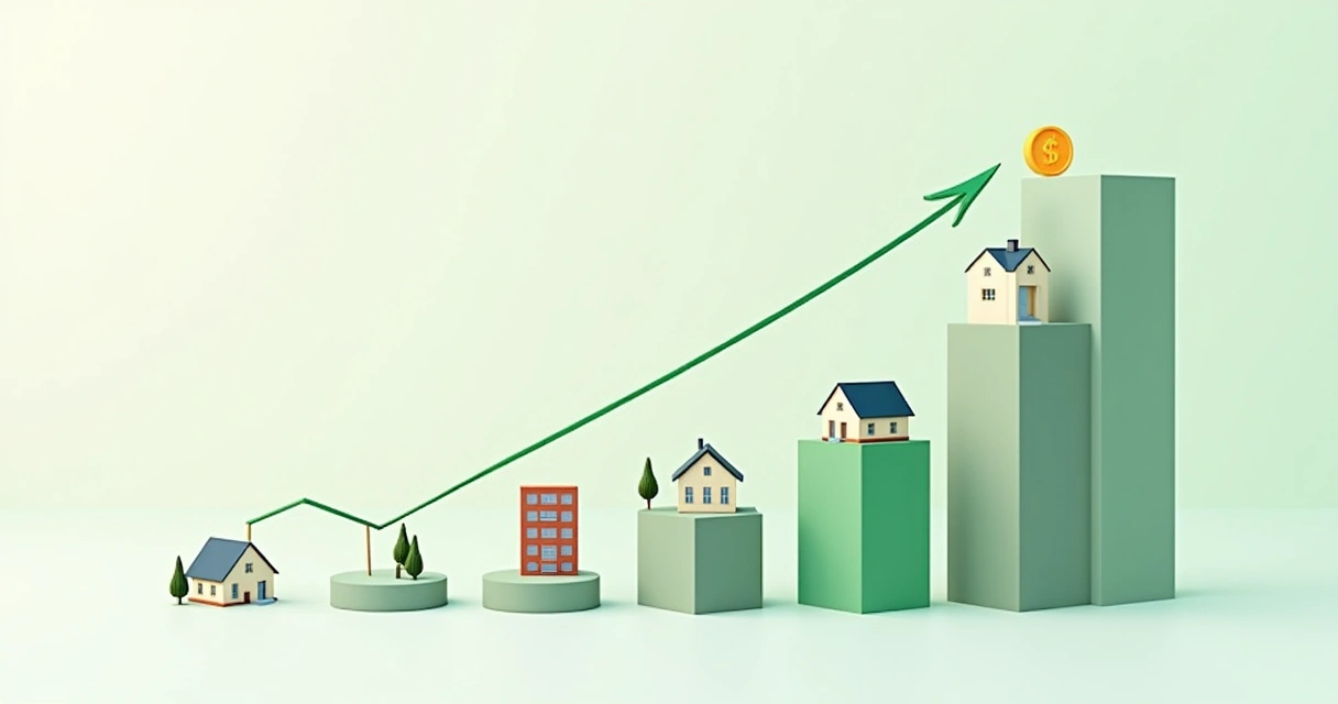 Gráfico de ROI de imóveis de leilão, barra com porcentagens e imóvel desenhado 