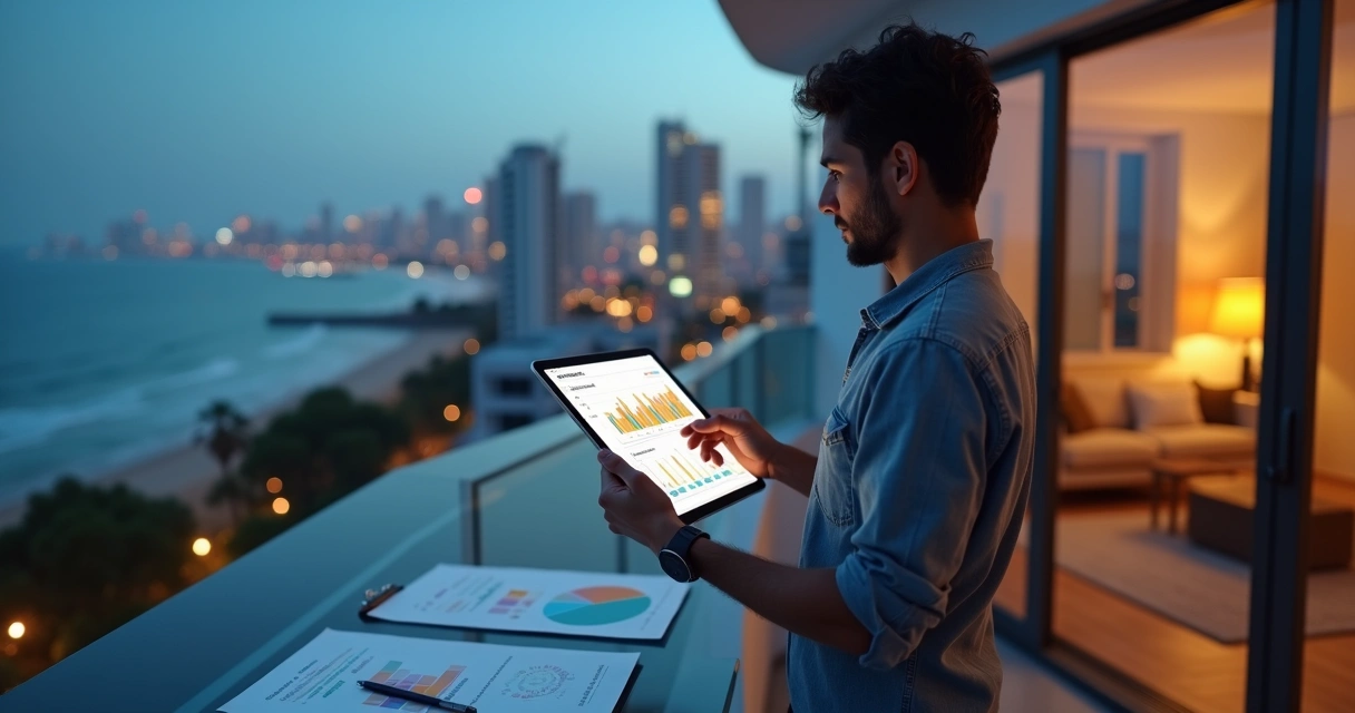 Anfitrião em sacada observando gráfico de precificação no tablet com vista urbana ao fundo 