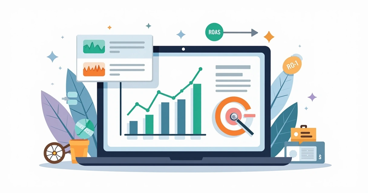 Ilustração de painel de e-commerce com gráfico de ROAS em alta 
